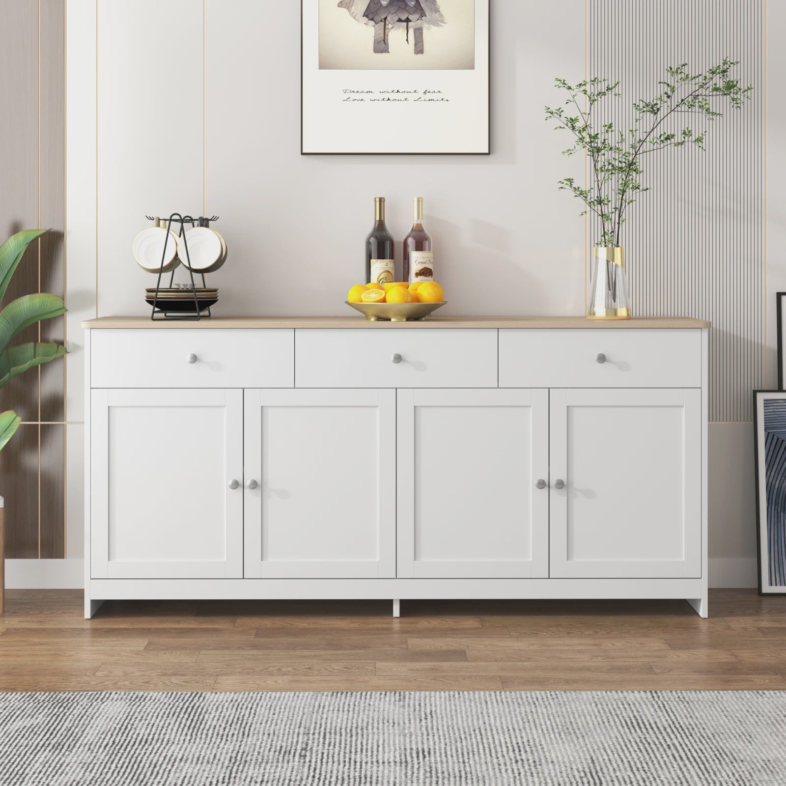 Moderne Witte Sideboardkast met 4 Deuren en 3 Lades - 160x37x75cm