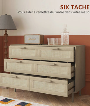 Stijlvolle Commode met 6 Lades en Rotan Fronten - Licht Hout Design - 110x40x75 cm