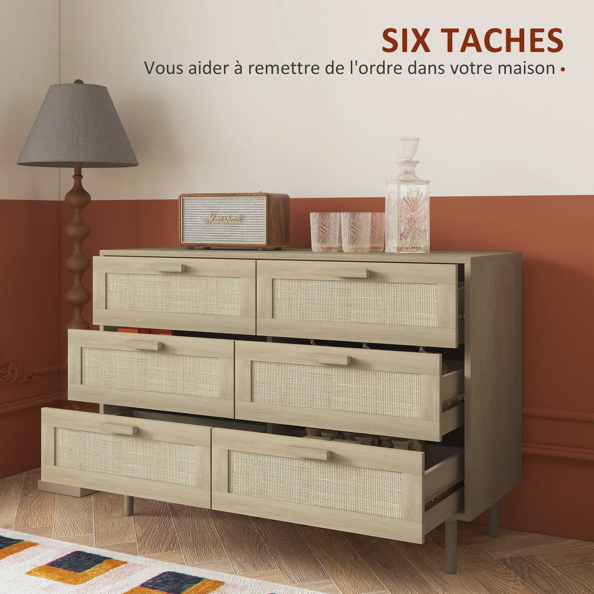 Stijlvolle Commode met 6 Lades en Rotan Fronten - Licht Hout Design - 110x40x75 cm