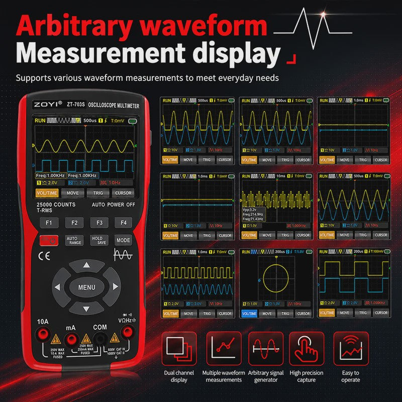 ZOYI ZT-703S: 3-in-1 Oscilloscope, Multimeter & Signaalgenerator (50MHz)