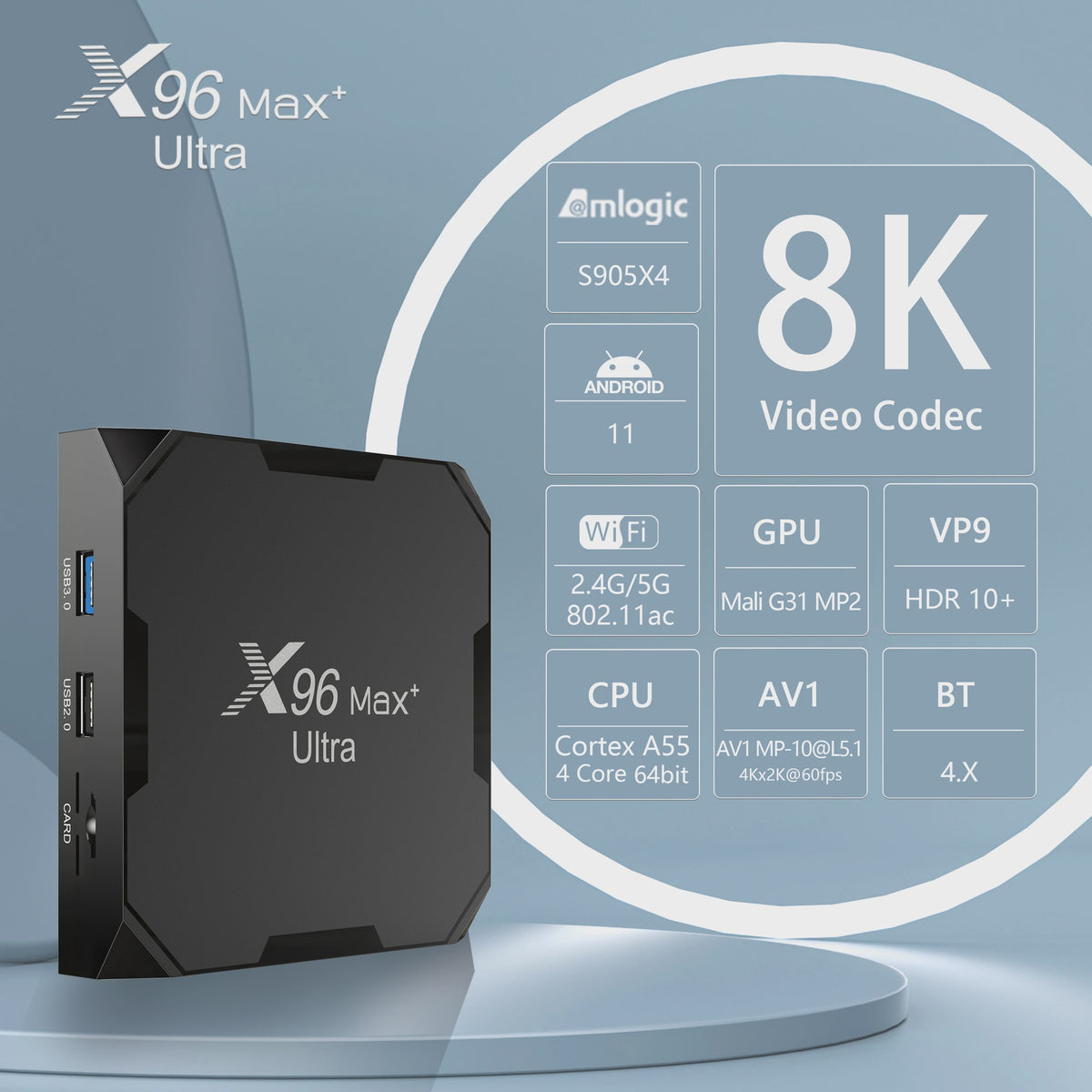 X96 MAX Plus Ultra Android 11 TV Box - 4K/8K Media Player met S905X4 Quad Core & 4GB RAM