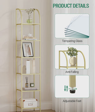 Gouden Boekenkast met 6 Verdiepingen en Gehard Glazen Planken - Stijlvolle Display Unit