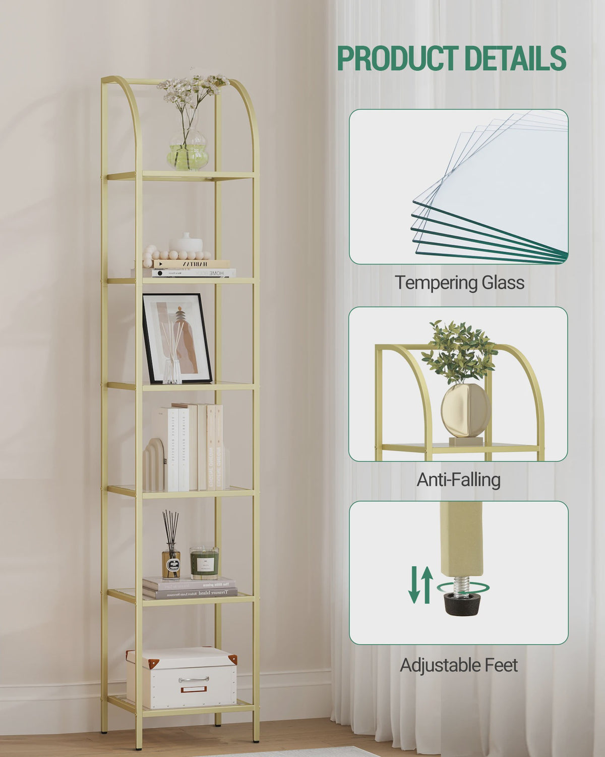 Gouden Boekenkast met 6 Verdiepingen en Gehard Glazen Planken - Stijlvolle Display Unit