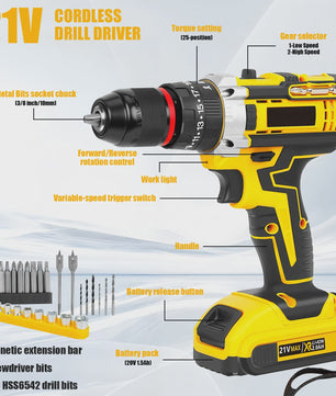 21V Accuboormachine met Klopfunctie & 120-delige Accessoireset - 45Nm Koppel, 25+3 Snelheden