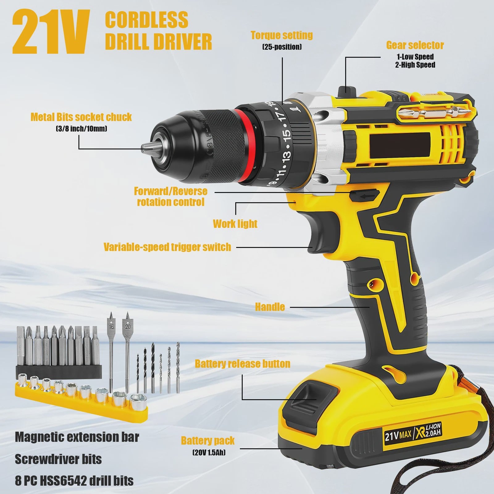 21V Accuboormachine met Klopfunctie & 120-delige Accessoireset - 45Nm Koppel, 25+3 Snelheden