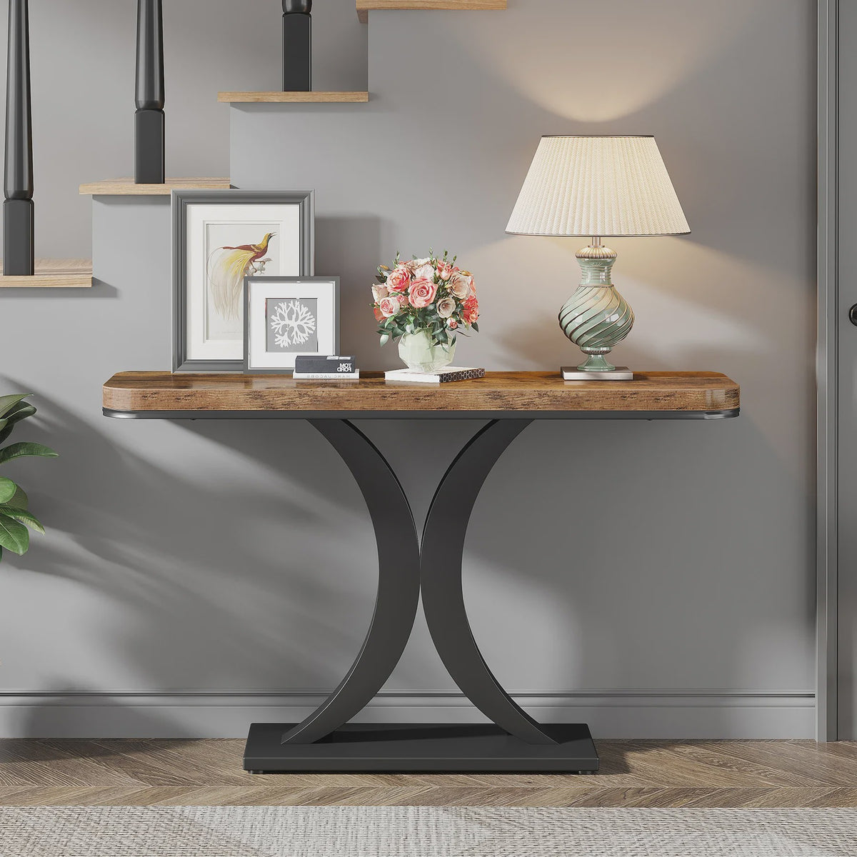 Tribesigns Industriële Console Tafel - 100cm Smalle Entree Tafel met Geometrische Basis en Rustiek Hout Design