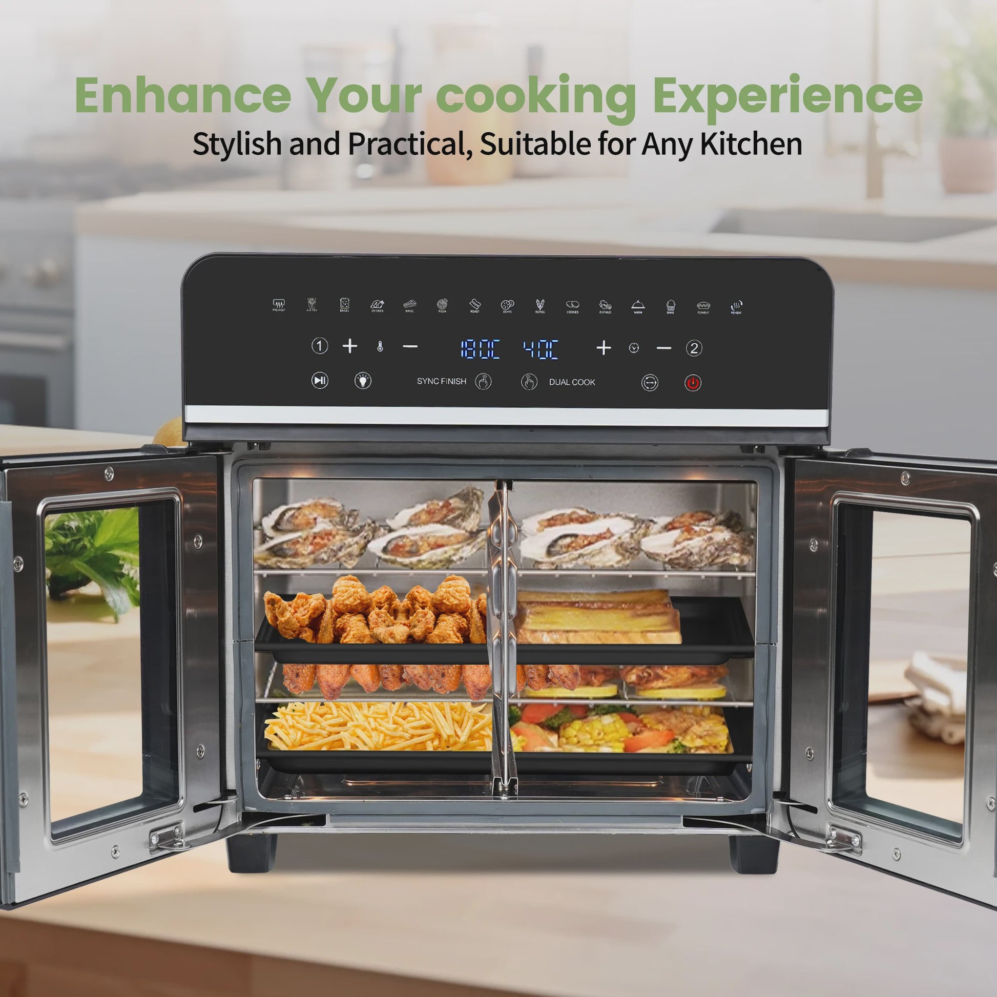 XXL Dubbele Heteluchtfriteuse Oven (23L, 2200W) met LED Touchscreen & 15 Programma's
