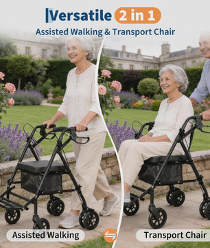 2-in-1 Rollator en Transportstoel voor Senioren - Opvouwbaar Aluminium Mobiliteitshulpmiddel