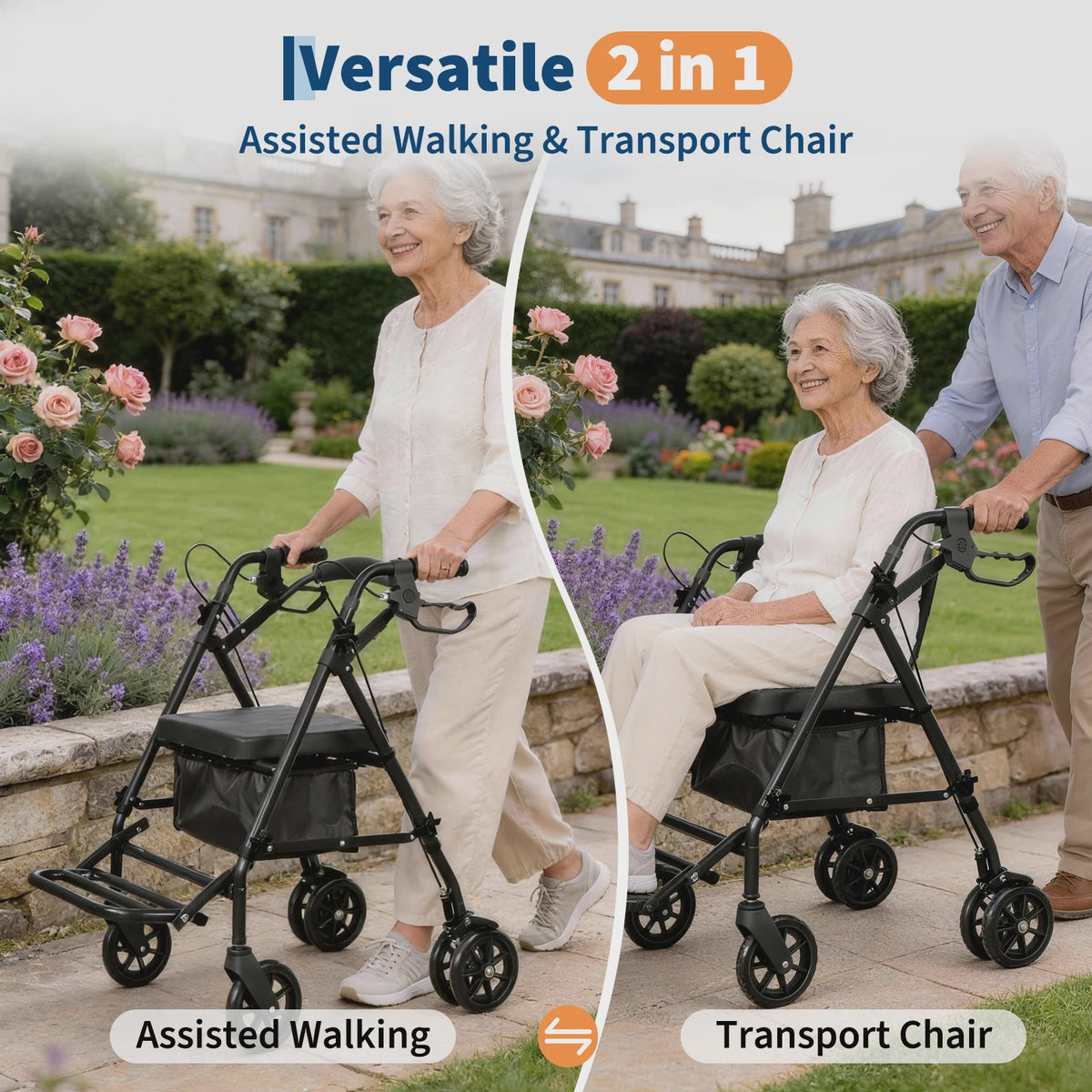 2-in-1 Rollator en Transportstoel voor Senioren - Opvouwbaar Aluminium Mobiliteitshulpmiddel