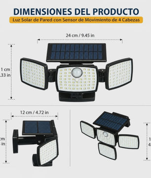 Solar LED Buitenlamp met Bewegingssensor - 4 Verstelbare Koppen, IP65 Waterdicht