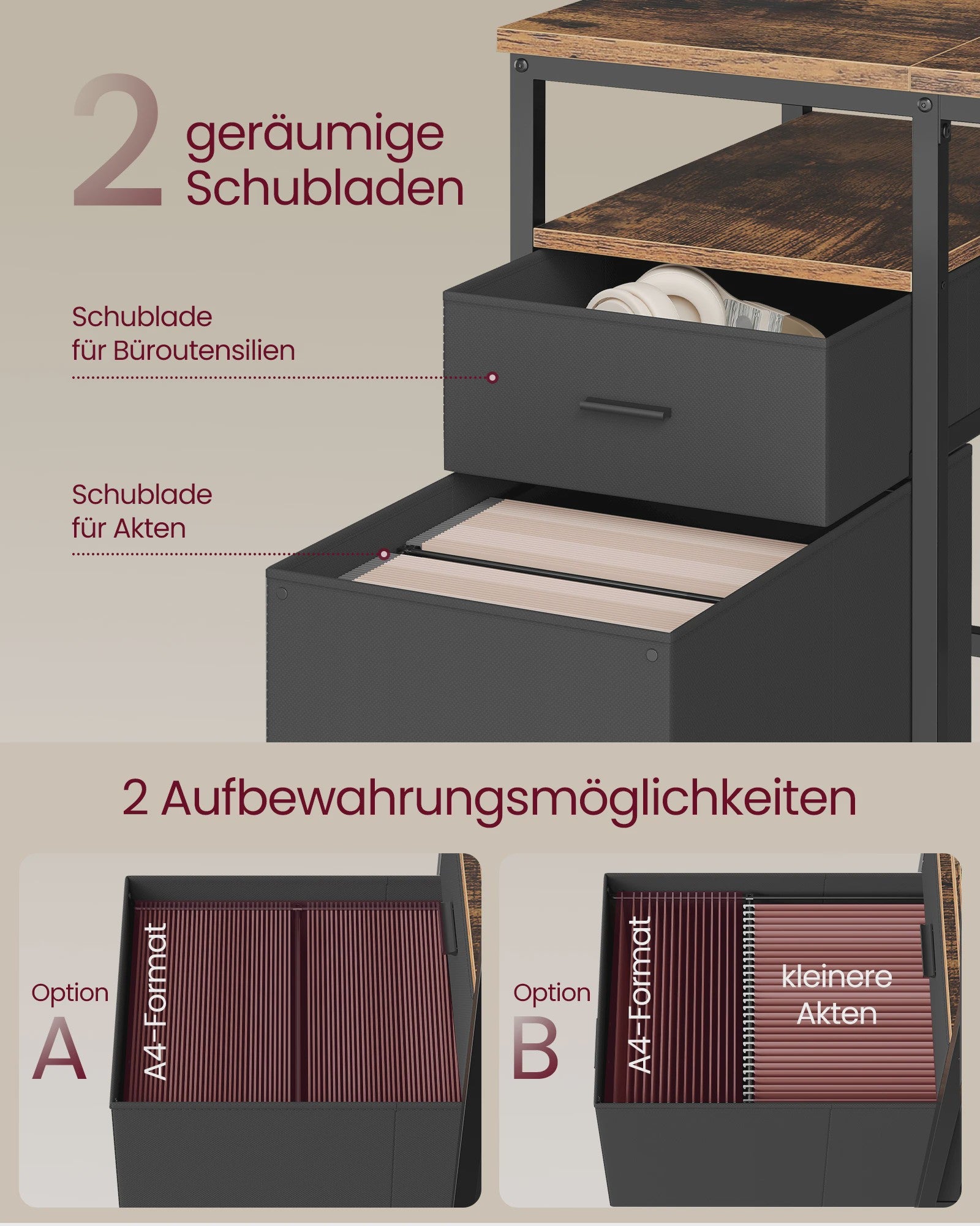 VASAGLE Bureau met 3 Planken en 2 Lades - 160x60x76 cm - Industrieel Design
