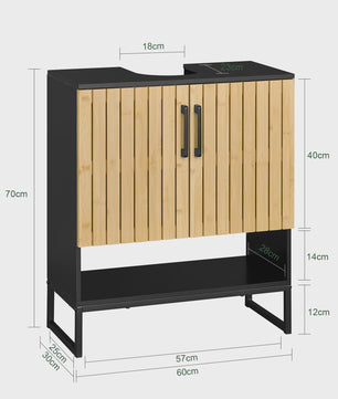 Badkamerkast 60 cm breed voor wastafel met bamboe deur en verstelbare metalen poten