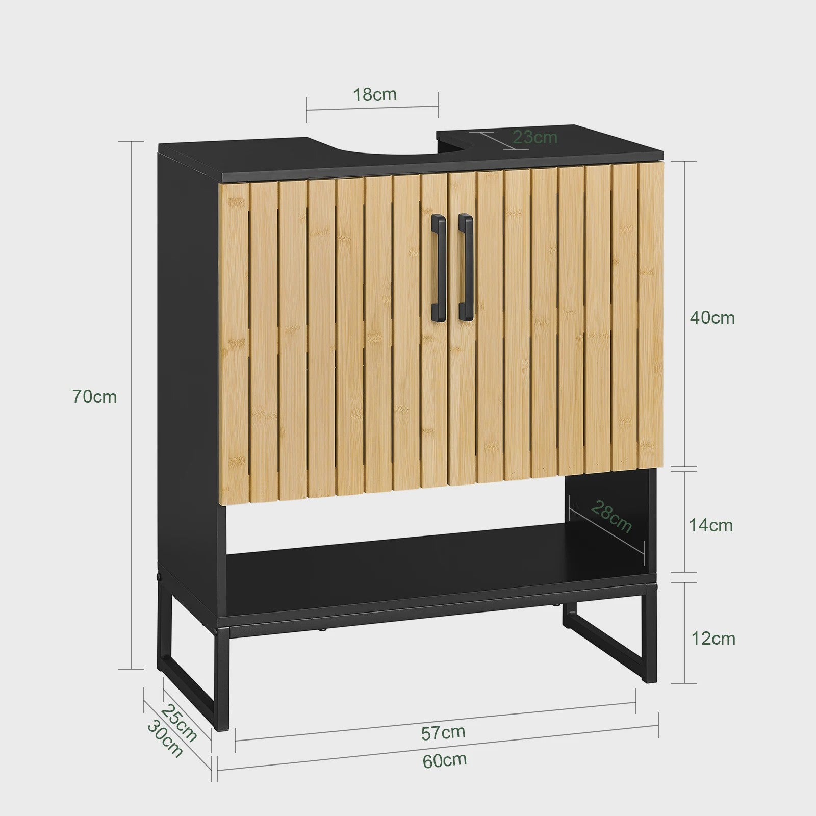 Badkamerkast 60 cm breed voor wastafel met bamboe deur en verstelbare metalen poten