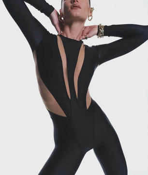Dames Jumpsuit Zwart Mesh Patchwork Lange Mouwen Sexy Skinny