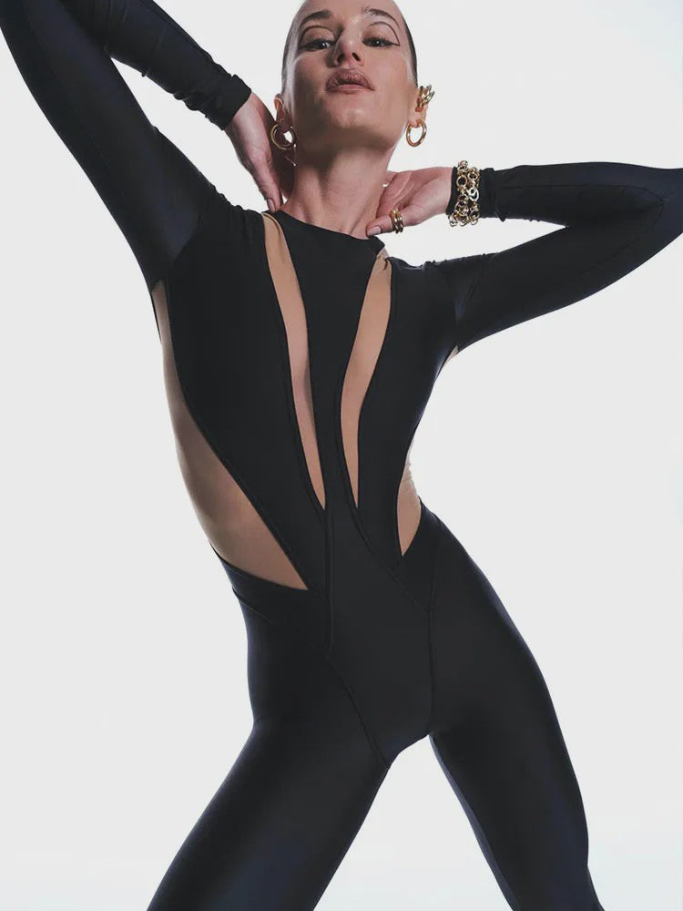 Dames Jumpsuit Zwart Mesh Patchwork Lange Mouwen Sexy Skinny