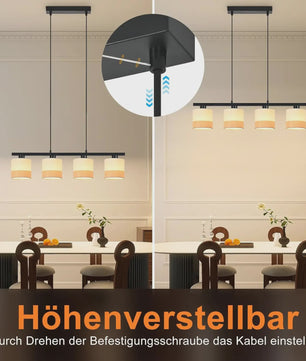Vintage Hanglamp 4-Lichts E27 Stof met Verstelbare Hoogte voor Eetkamer, Woonkamer of Keuken