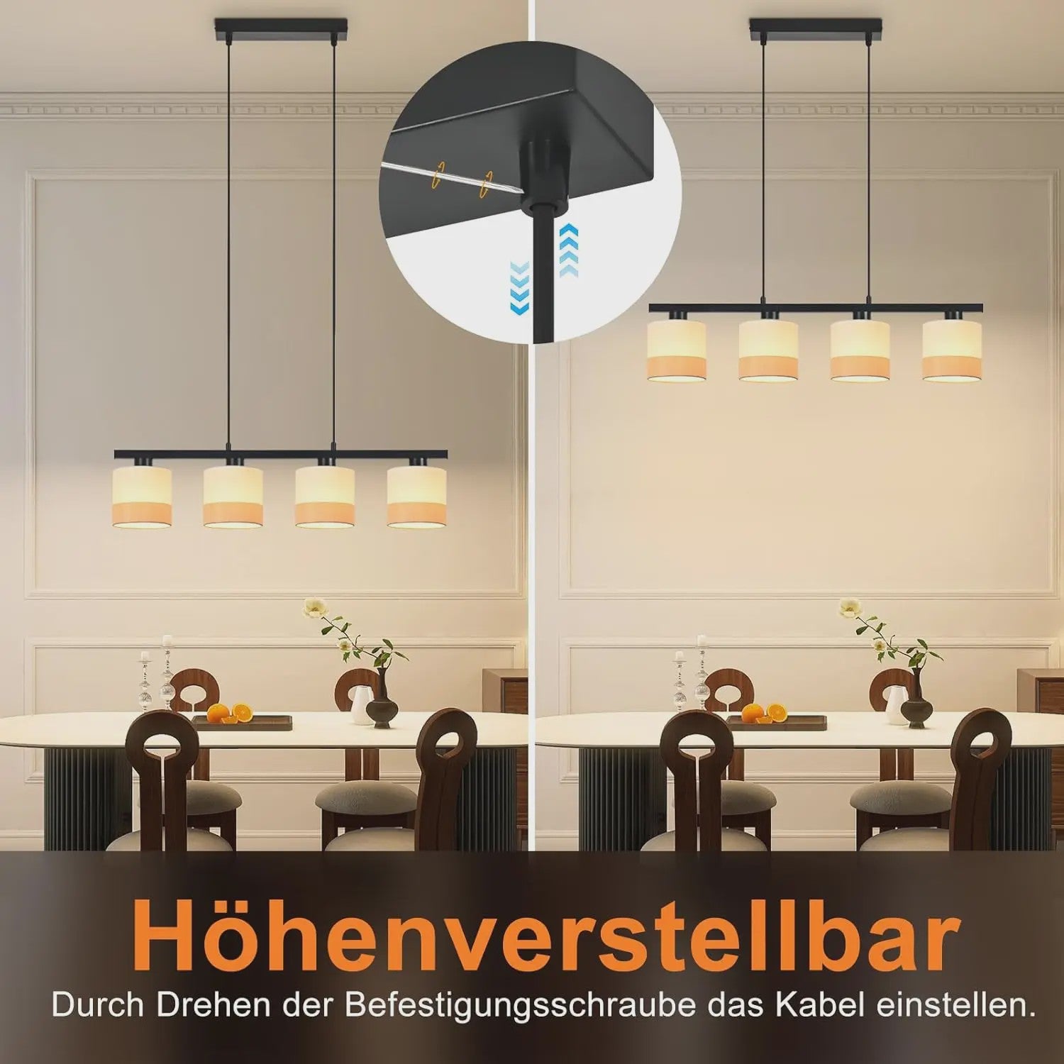 Vintage Hanglamp 4-Lichts E27 Stof met Verstelbare Hoogte voor Eetkamer, Woonkamer of Keuken