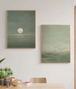 Set van 2 Abstracte Canvas Posters - Japanse Stijl, Sage Groen, Minimalistisch Maan & Vogels