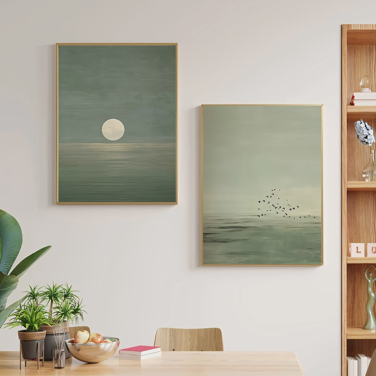 Set van 2 Abstracte Canvas Posters - Japanse Stijl, Sage Groen, Minimalistisch Maan & Vogels