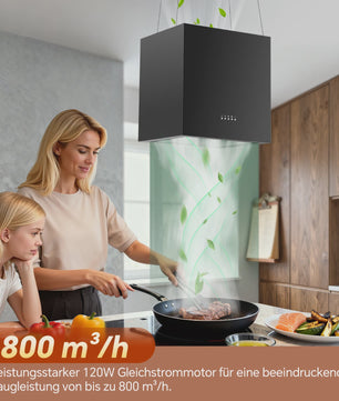 Zwarte Eiland Afzuigkap 800m³/u, Energie A+, 5-laags Filter, LED, Zonder Afvoer, Drukknop Bediening
