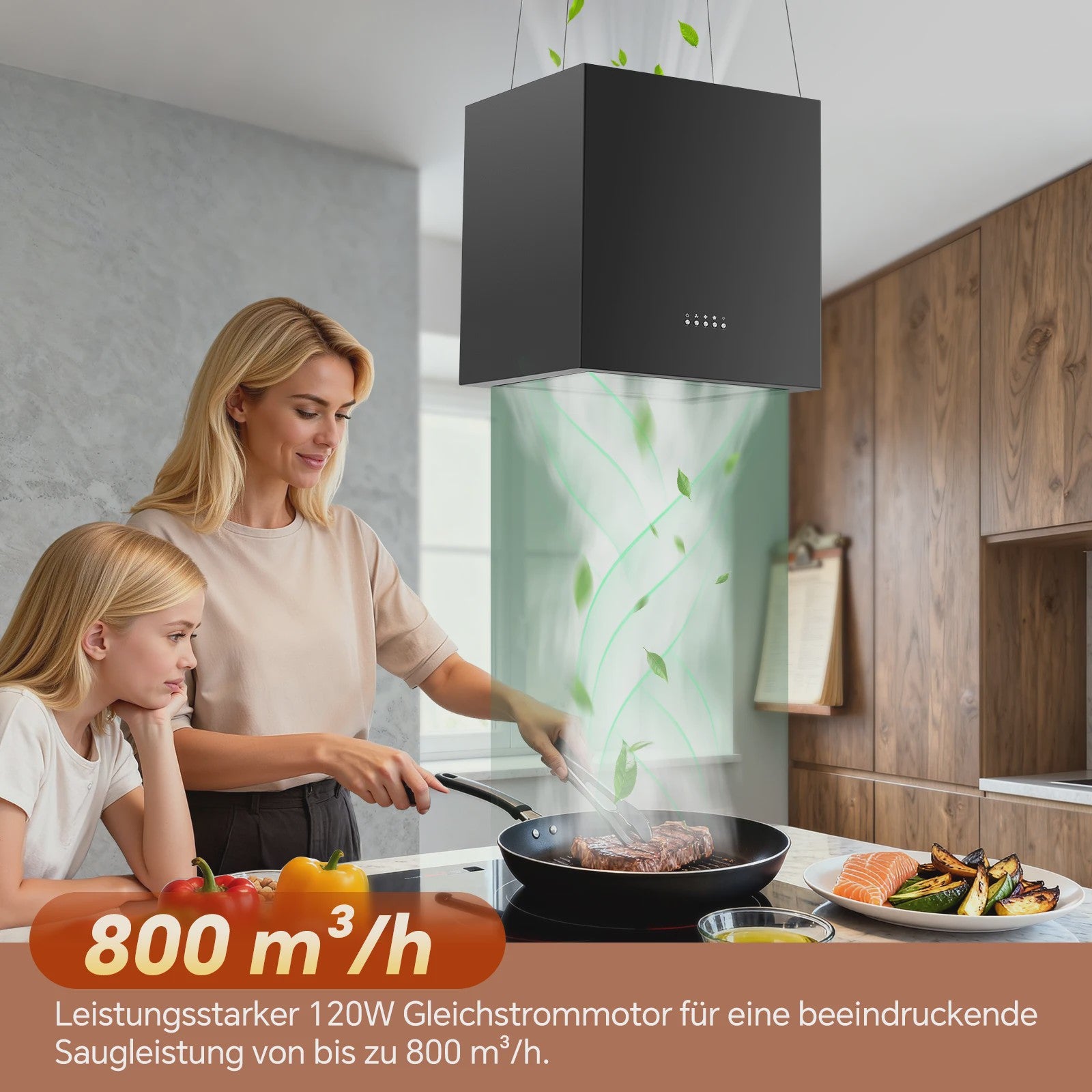 Zwarte Eiland Afzuigkap 800m³/u, Energie A+, 5-laags Filter, LED, Zonder Afvoer, Drukknop Bediening