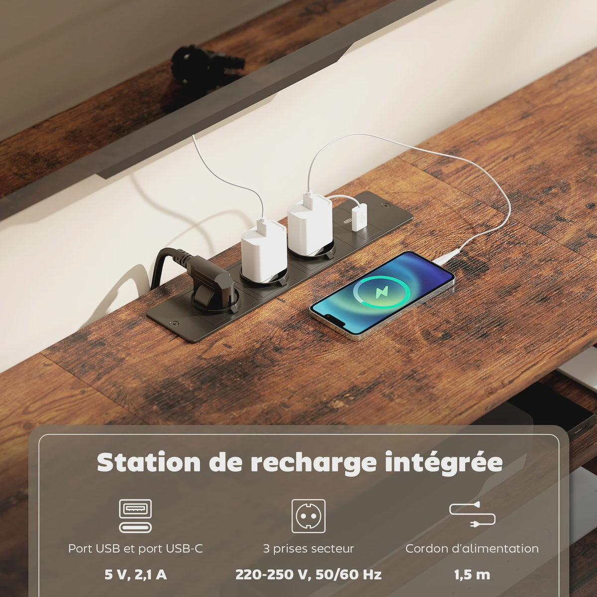 HOMCOM TV Meubel 140cm met 5 Lades, Open Planken en Laadstation - Rustiek Bruin