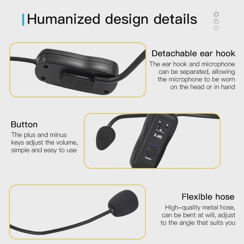 Draadloze Hoofdtelefoon Microfoon Set 2.4G - Draagbaar & Flexibel voor Sprekers, Docenten & Gidsen