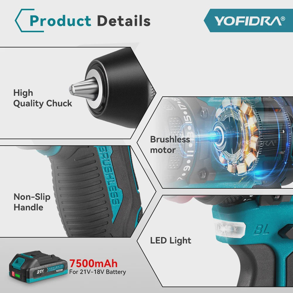 YOFIDRA 21V Brushless Accuboormachine - 10mm Klopboorfunctie, 24 Versnellingen