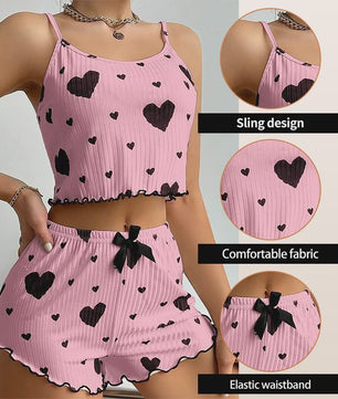 Dames Pyjama Set: 2-delig Tanktop & Shorts met Liefdesprint - Zacht & Ventilerend