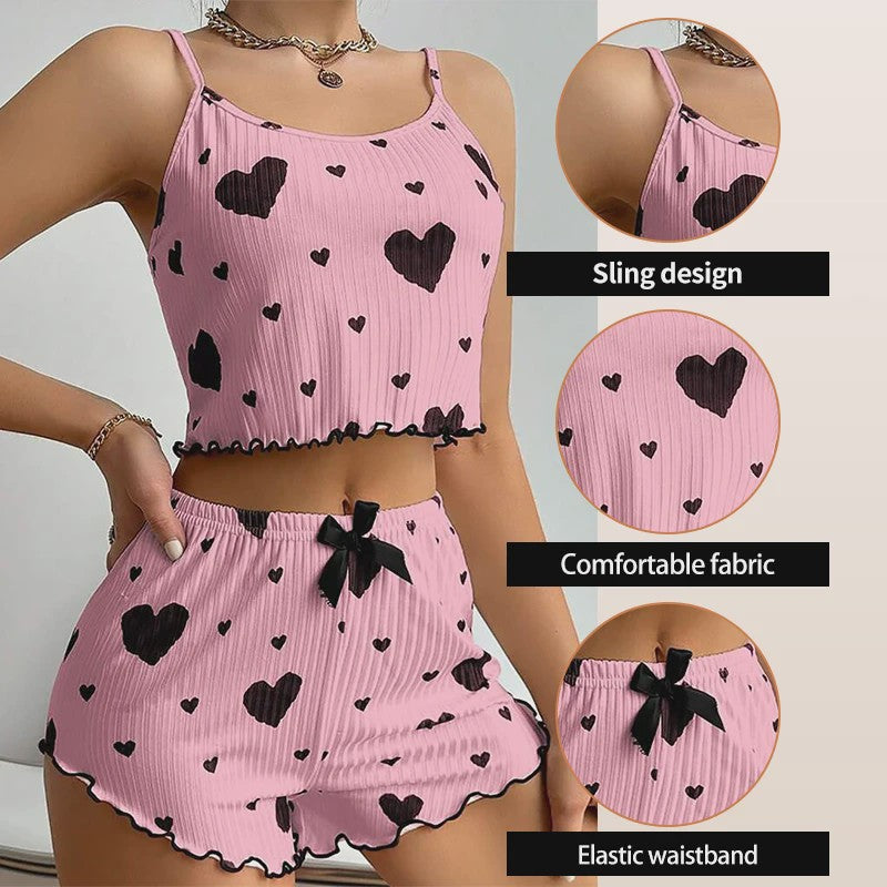 Dames Pyjama Set: 2-delig Tanktop & Shorts met Liefdesprint - Zacht & Ventilerend