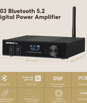 AIYIMA D03 Bluetooth 5.2 Versterker 2x150W RMS met Subwoofer Uitgang, USB DAC & OLED Display