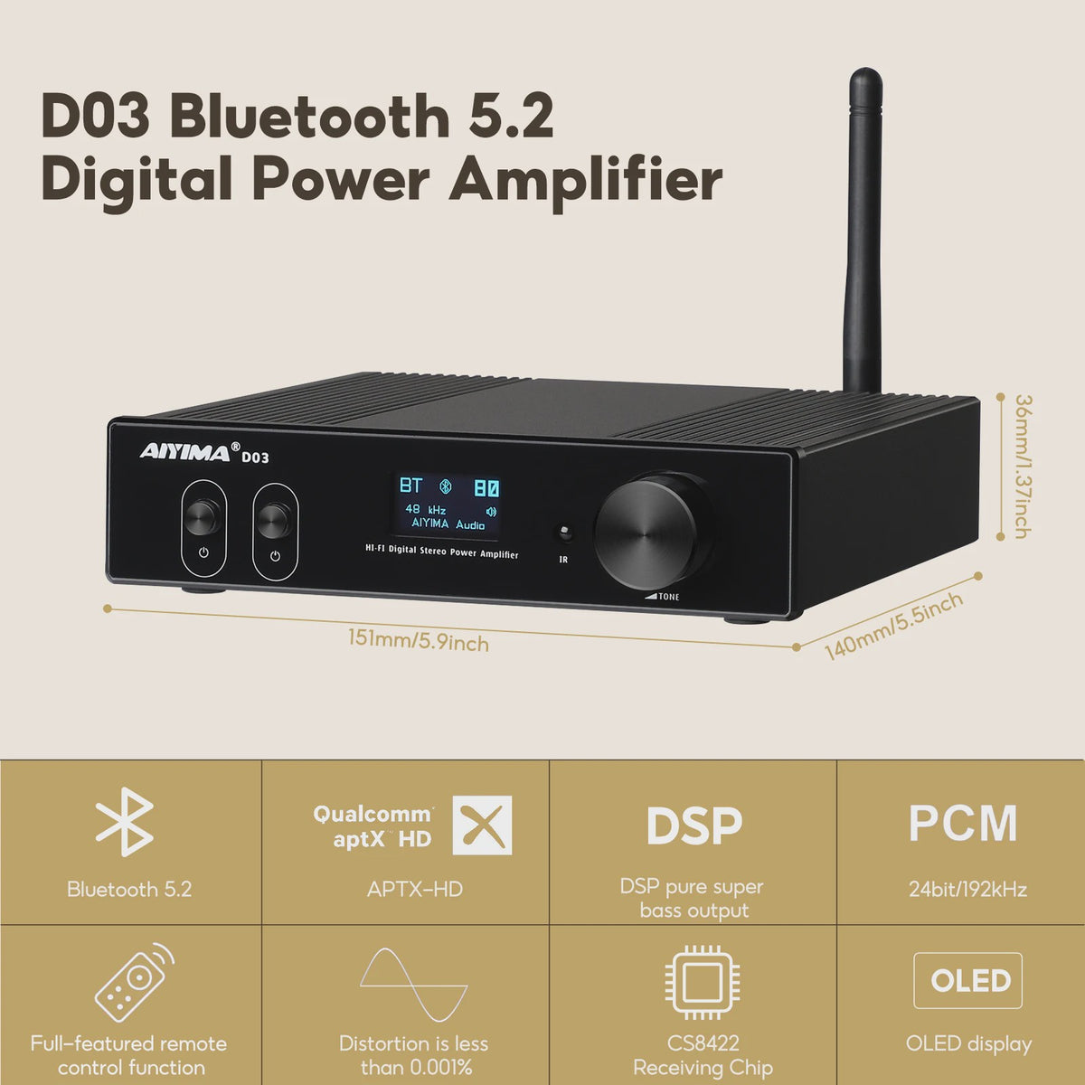 AIYIMA D03 Bluetooth 5.2 Versterker 2x150W RMS met Subwoofer Uitgang, USB DAC & OLED Display