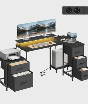 L-vormig Gaming Bureau met 5 Lades, USB Opladen & LED Verlichting - Hoekbureau voor Thuiswerkplek
