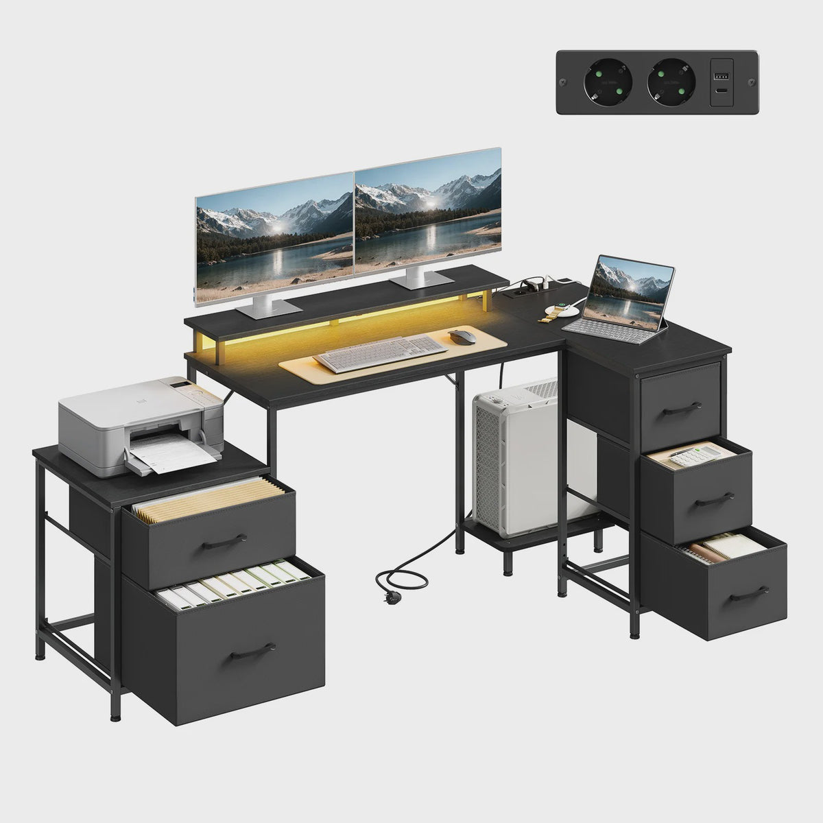 L-vormig Gaming Bureau met 5 Lades, USB Opladen & LED Verlichting - Hoekbureau voor Thuiswerkplek