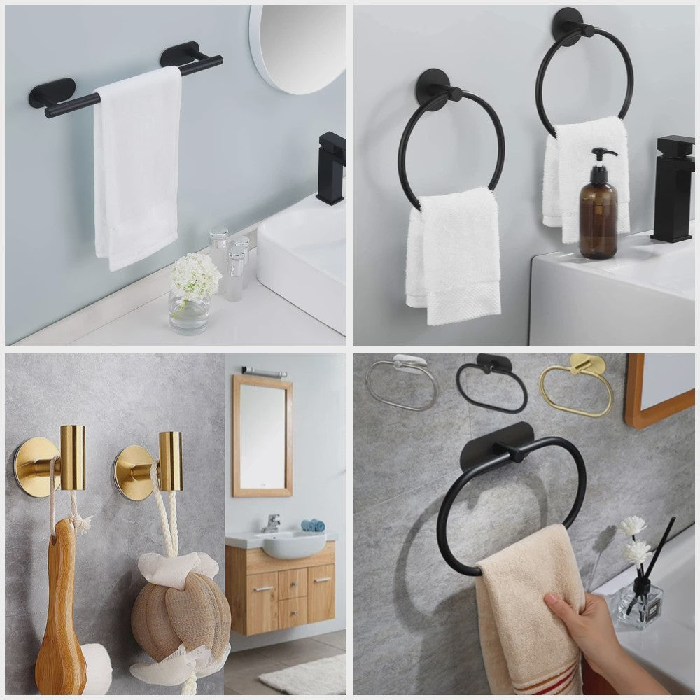 Set Badkamer Accessoires: Handdoekrek, Toiletrolhouder, Haak & Ring - Zwart