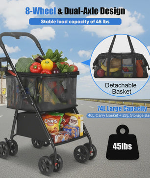 Folding Shopping Trolley with 2-Tier Storage, Multi Use Grocery Carts with 360° Wheels & Removable Tote Bag for Shopping Laundry