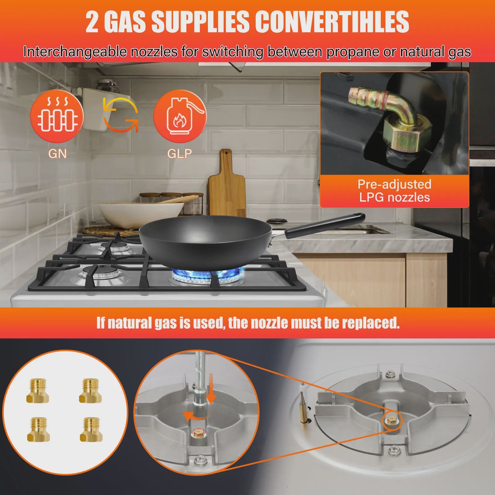 4-pits Gas Kookplaat 25300 BTU Inbouw/Tafelmodel LPG/Aardgas Om te Bouwen met Vlambeveiliging
