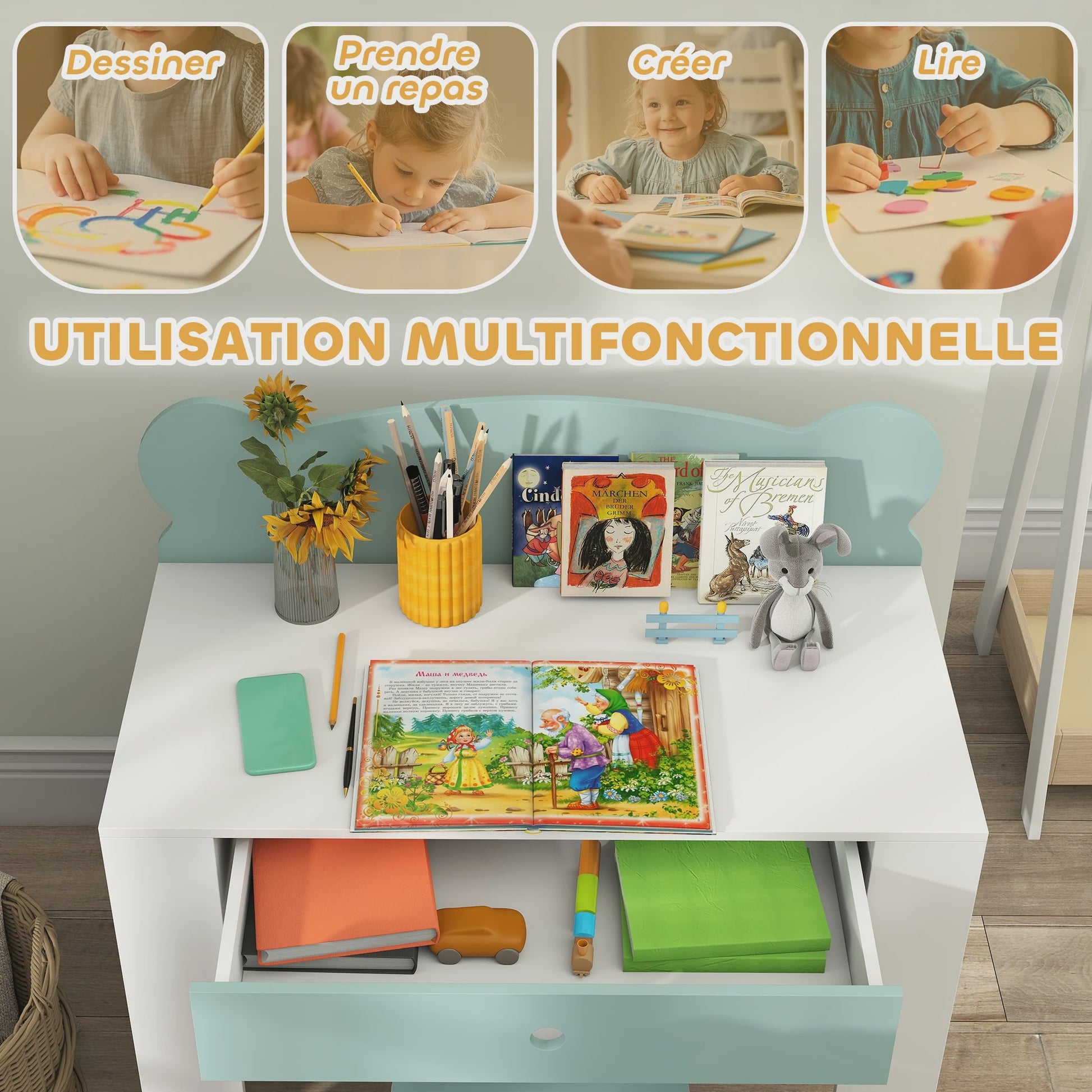 AIYAPLAY Kinderbureau met Stoel - Groen - Inclusief Lade en Ruime Opbergruimte