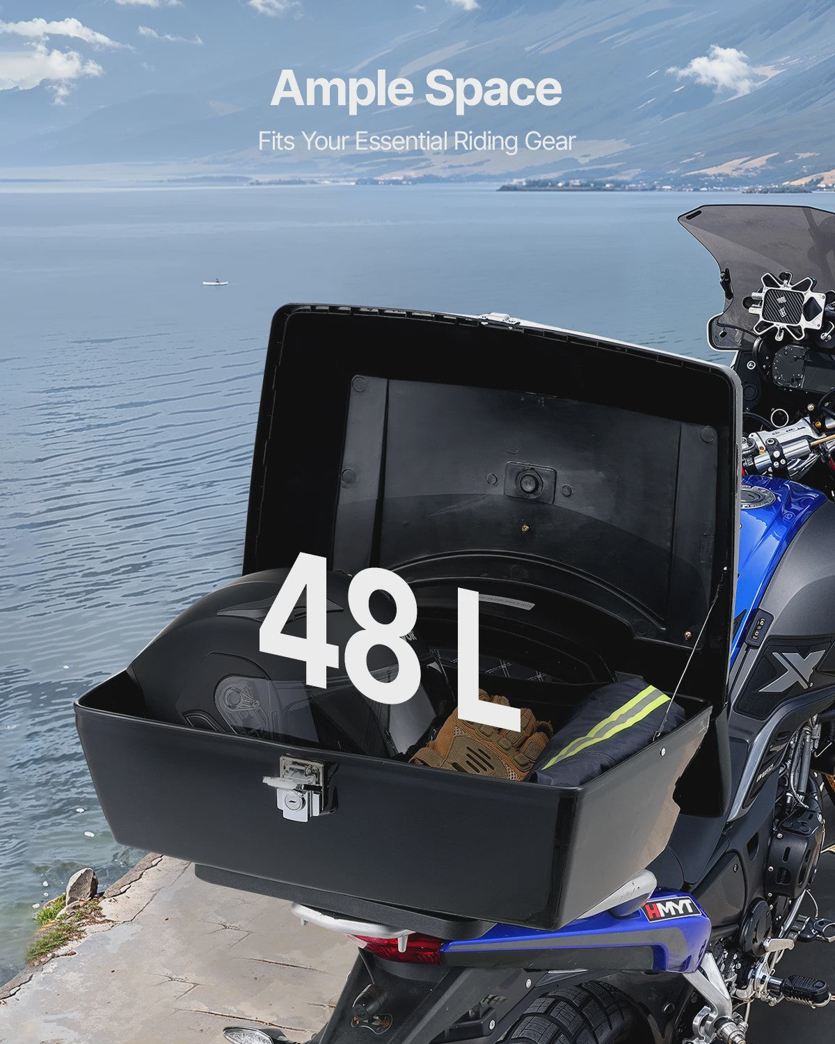 Motor Top Case Zwart 48L - Waterdicht PP Materiaal met Reflectiepaneel