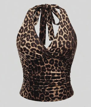 Zomerse Retro Leopard Print Top met Gekruiste Rugband - Mouwloze Camisole Vest