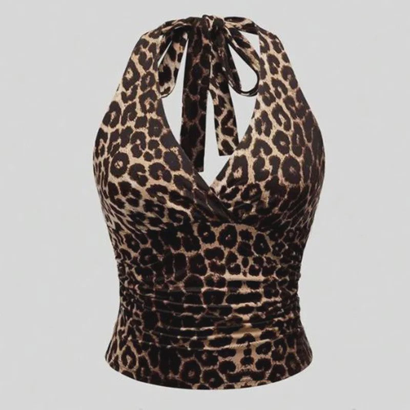Zomerse Retro Leopard Print Top met Gekruiste Rugband - Mouwloze Camisole Vest