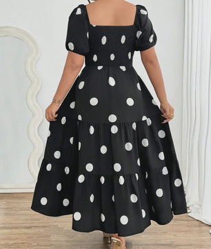 Zwarte Polka Dot Jurk met Pofmouwen en Vierkante Hals - Elegante Zomerjurk voor Dames