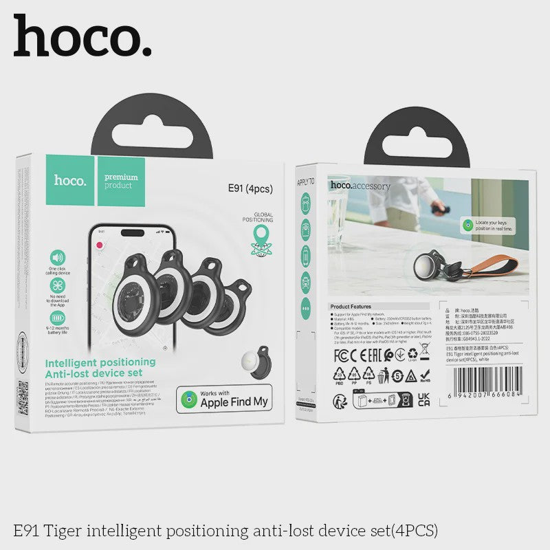 HOCO 4-Pack Anti-Verlies Tracker: GPS Locator voor Apple AirTag - Ideaal voor Sleutels, Portemonnee, Auto & Huisdieren