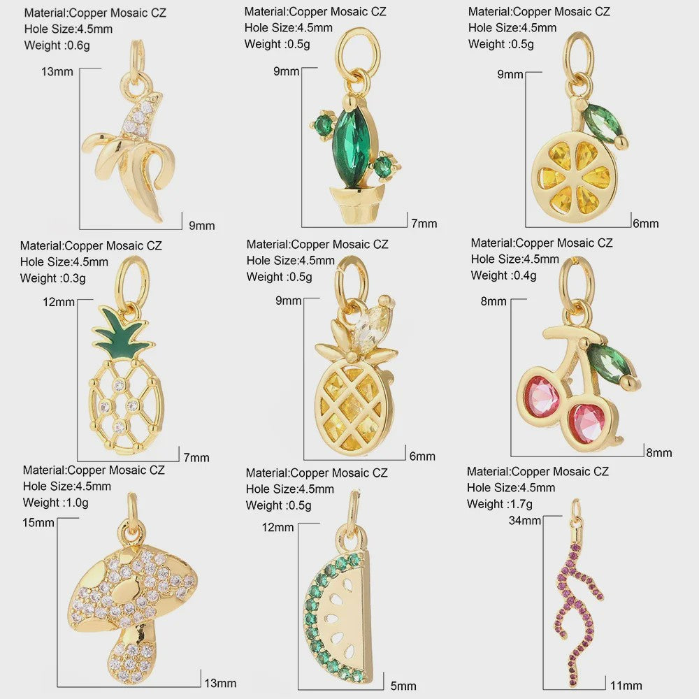 Gouden Bedeltjes voor Sieraden Maken: Cactus, Kers, Paddenstoel, Bloem & Fruit