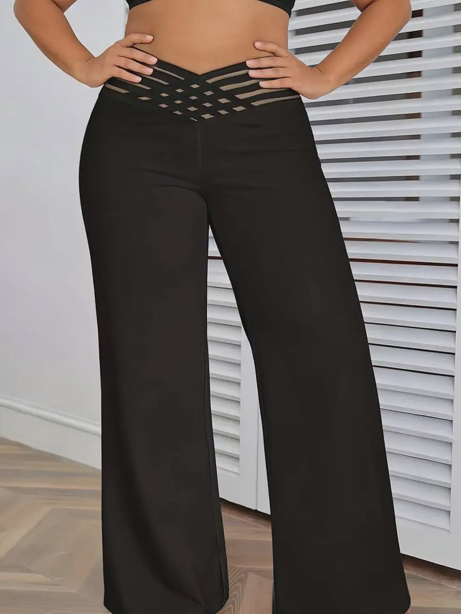 Plus Size Elegante Palazzo Broek met Crisscross Mesh Tailleband