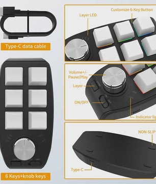 Compact 6-Key Macro Mini Toetsenbord met Draaiknop - USB & Bluetooth, Hot-swap, Programmeerbaar
