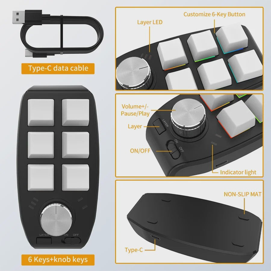 Compact 6-Key Macro Mini Toetsenbord met Draaiknop - USB & Bluetooth, Hot-swap, Programmeerbaar