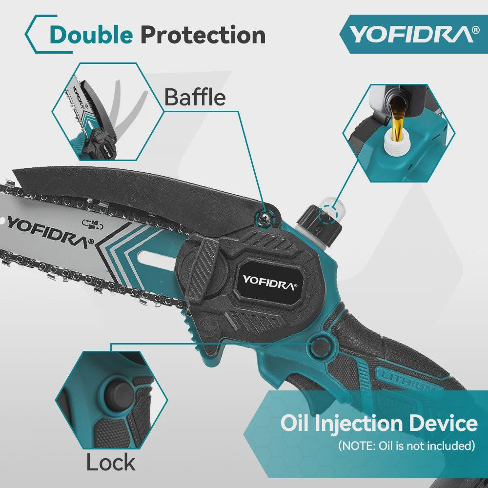 YOFIDRA 6-Inch Snoerloze Elektrische Kettingzaag - Krachtig Snoeien & Houtkloven (21V Batterij)