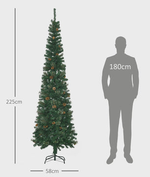 HOMCOM Kunstkerstboom 225 cm Groen Potloodmodel met Dennenkegels