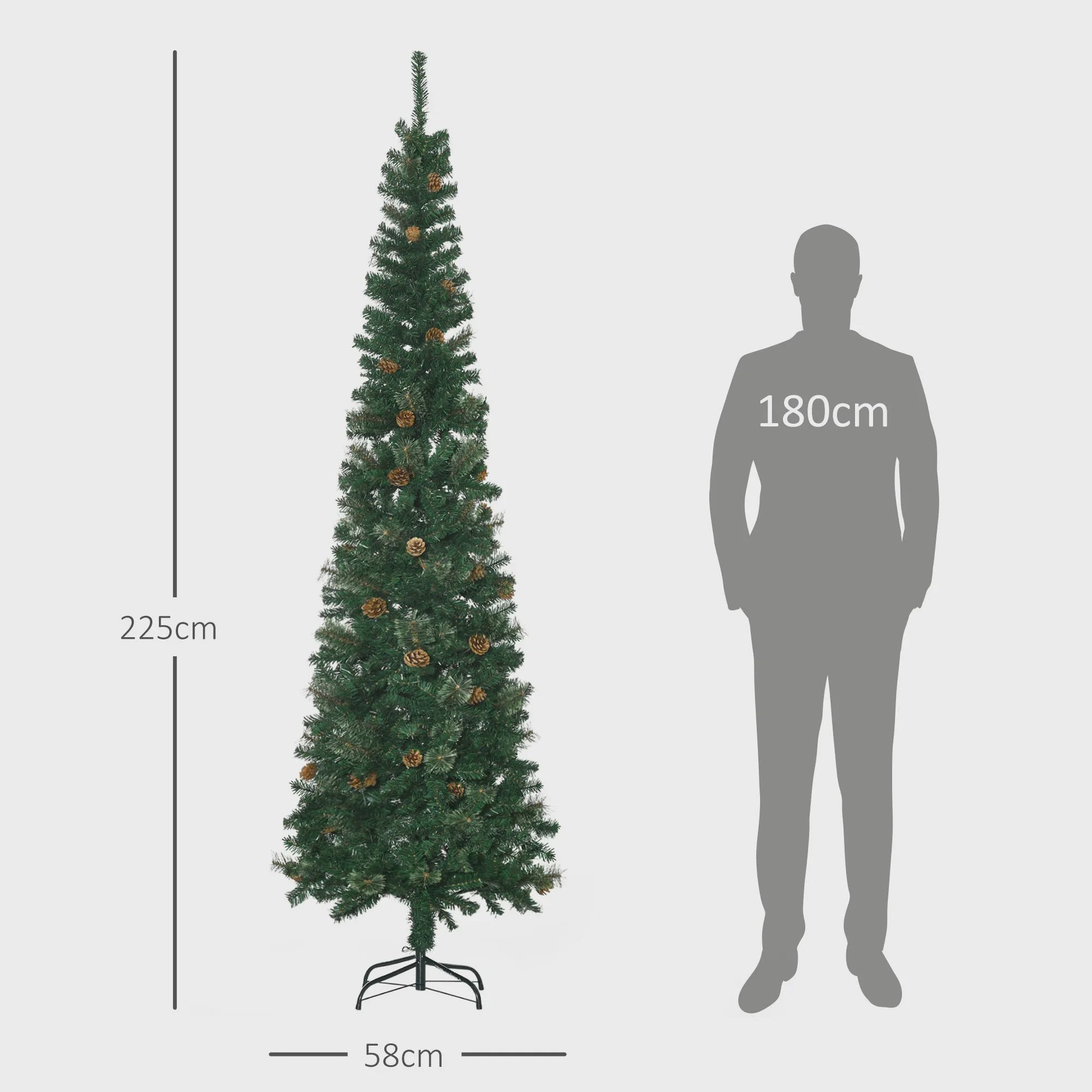 HOMCOM Kunstkerstboom 225 cm Groen Potloodmodel met Dennenkegels